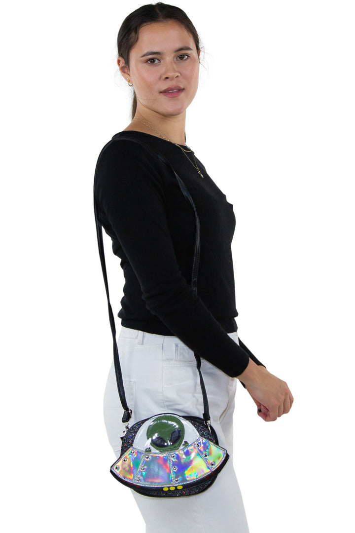 Alien On A Spaceship Shoulder Crossbody Bag in Vinyl Material, shoulder bag style on model