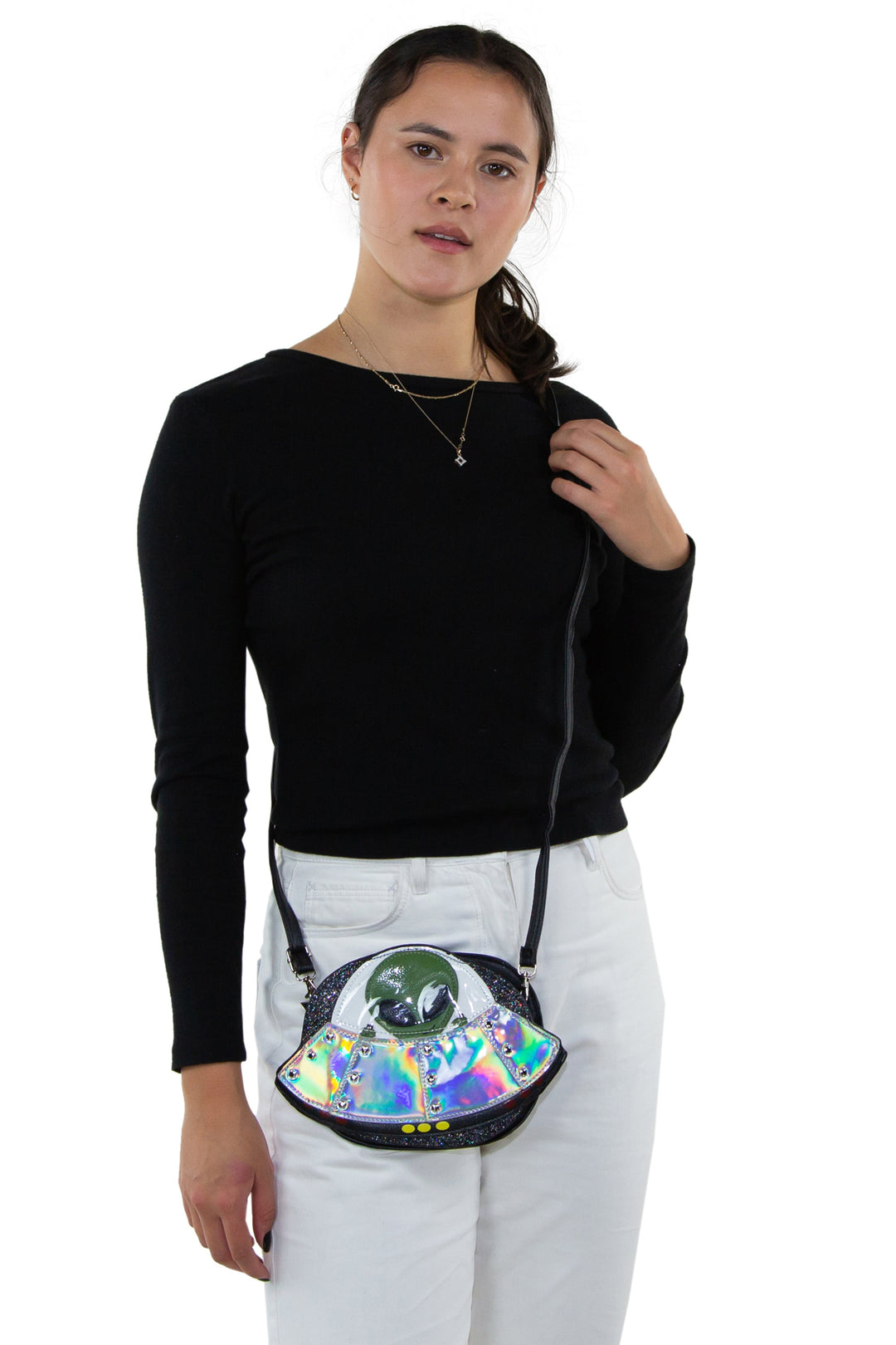 Alien On A Spaceship Shoulder Crossbody Bag in Vinyl Material, crossbody style on model