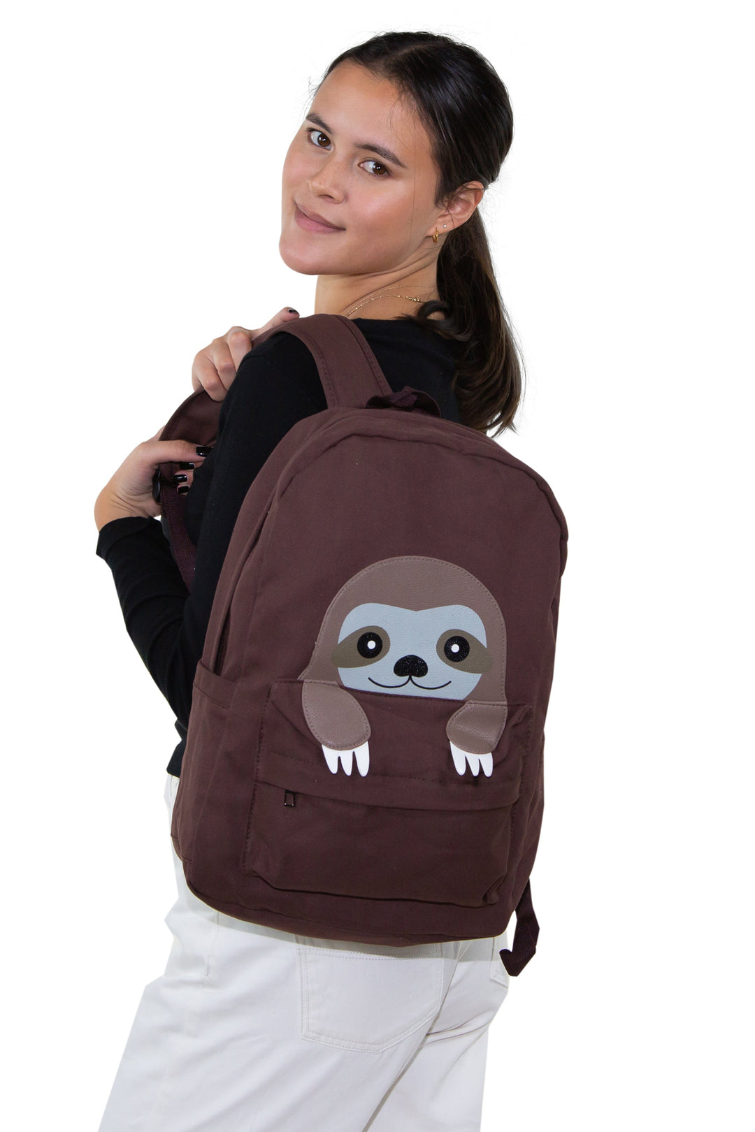 Peeking Baby Sloth Canvas Backpack, backpack style on model