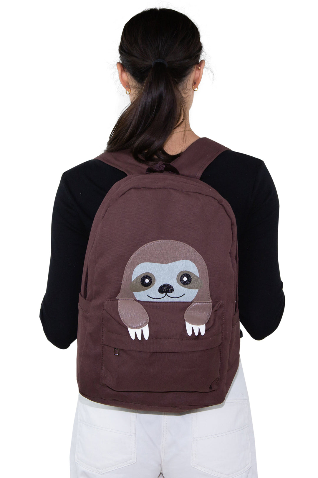 Peeking Baby Sloth Canvas Backpack, backpack style on model