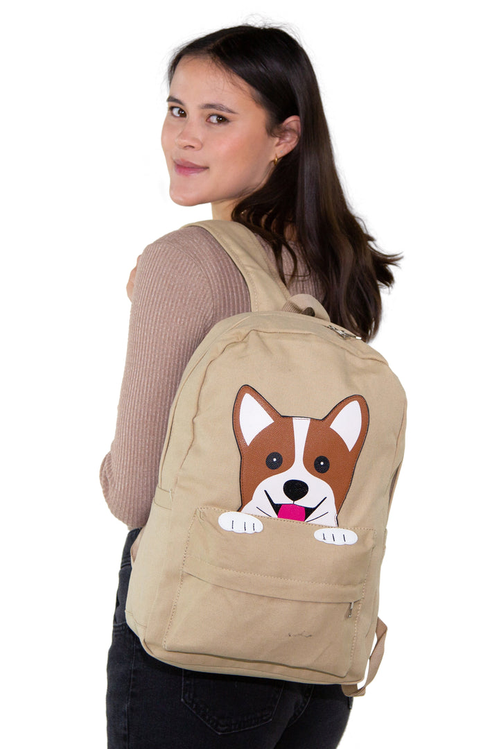 Peeking Corgi Dog Canvas Backpack, backpack style on model