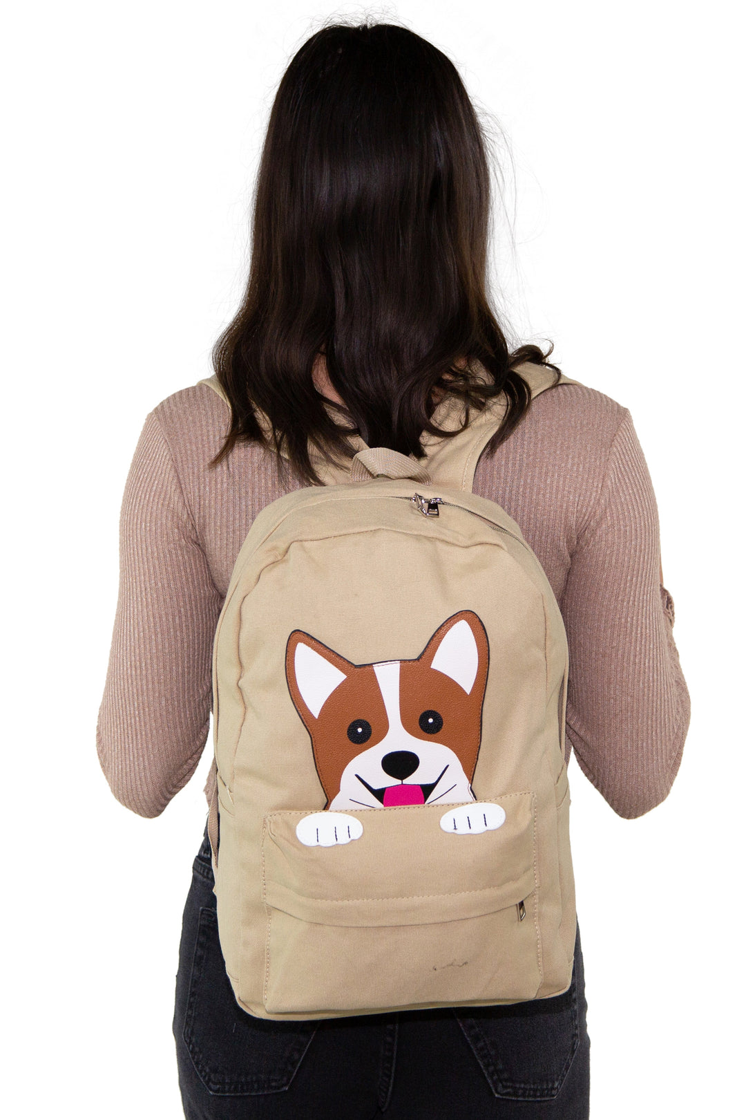 Peeking Corgi Dog Canvas Backpack, backpack style on model