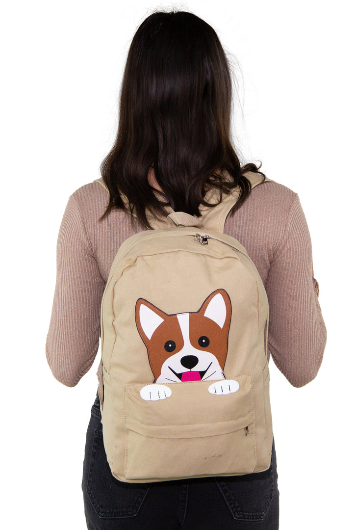 Peeking Corgi Dog Canvas Backpack, backpack style on model