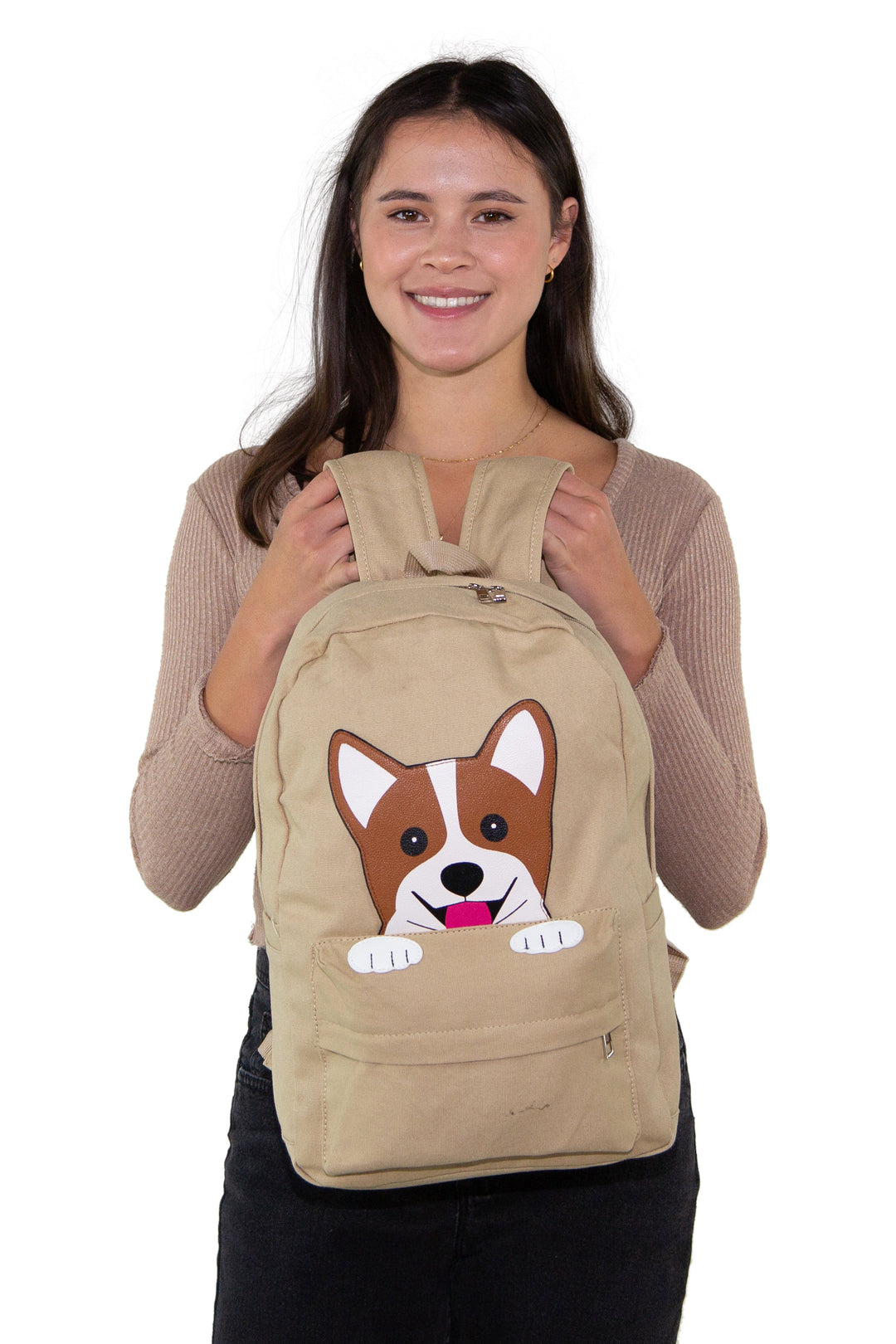 Peeking Corgi Dog Canvas Backpack, front view, handheld by model