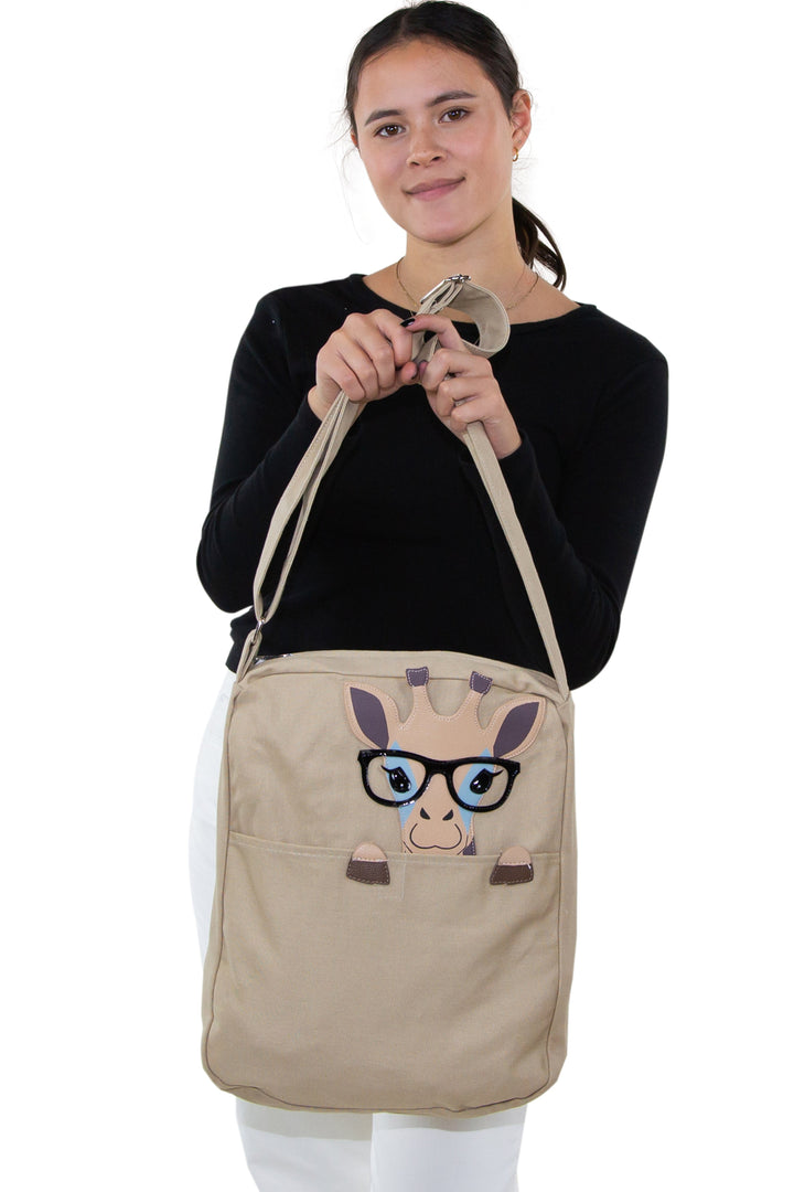 Peeking Nerdy Giraffe Canvas Messenger Bag, front view, handheld by model