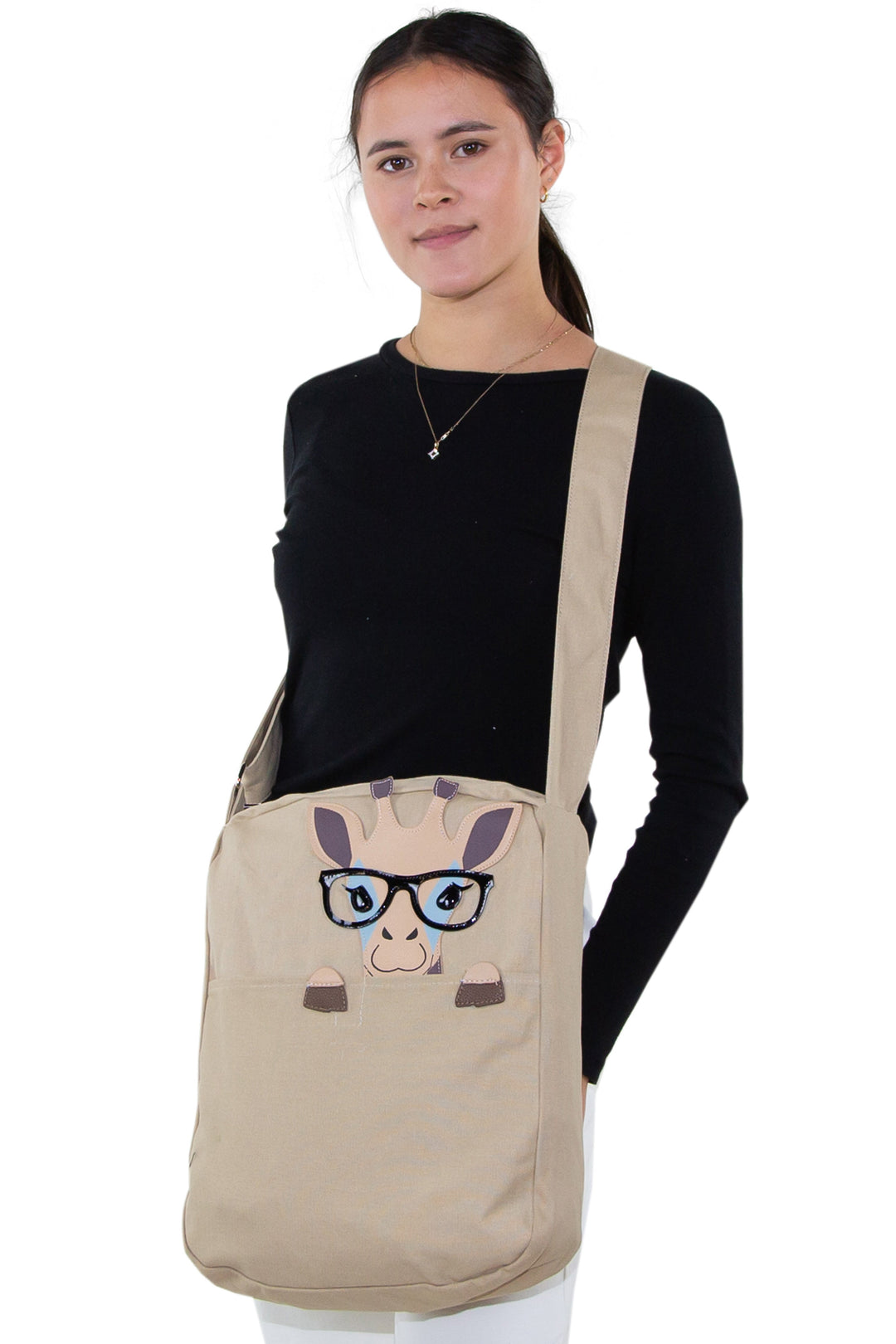 Peeking Nerdy Giraffe Canvas Messenger Bag, crossbody style on model