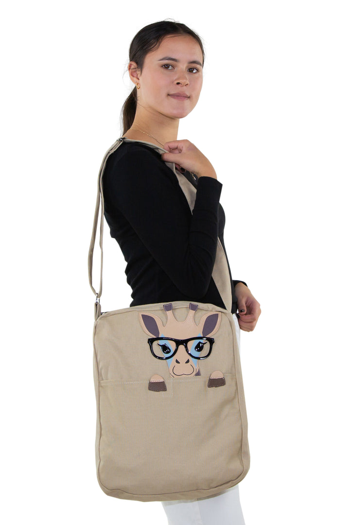 Peeking Nerdy Giraffe Canvas Messenger Bag, shoulder bag style on model