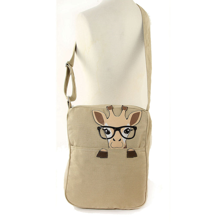 Peeking Nerdy Giraffe Canvas Messenger Bag front view on mannequin