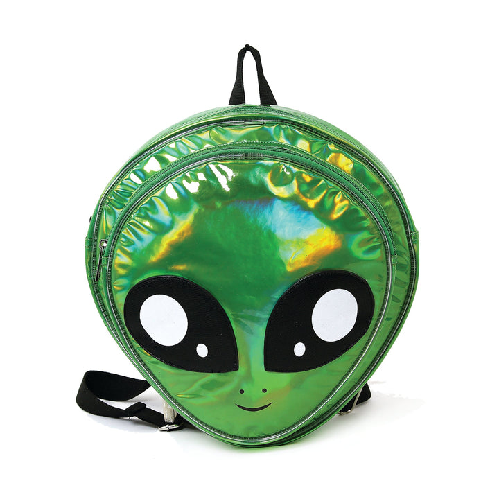 Green Alien Head Vinyl Backpack in Vinyl Material, green color, front view