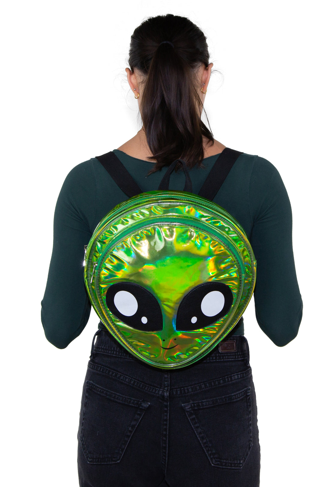 Green Alien Head Vinyl Backpack in Vinyl Material, green color, backpack style on model