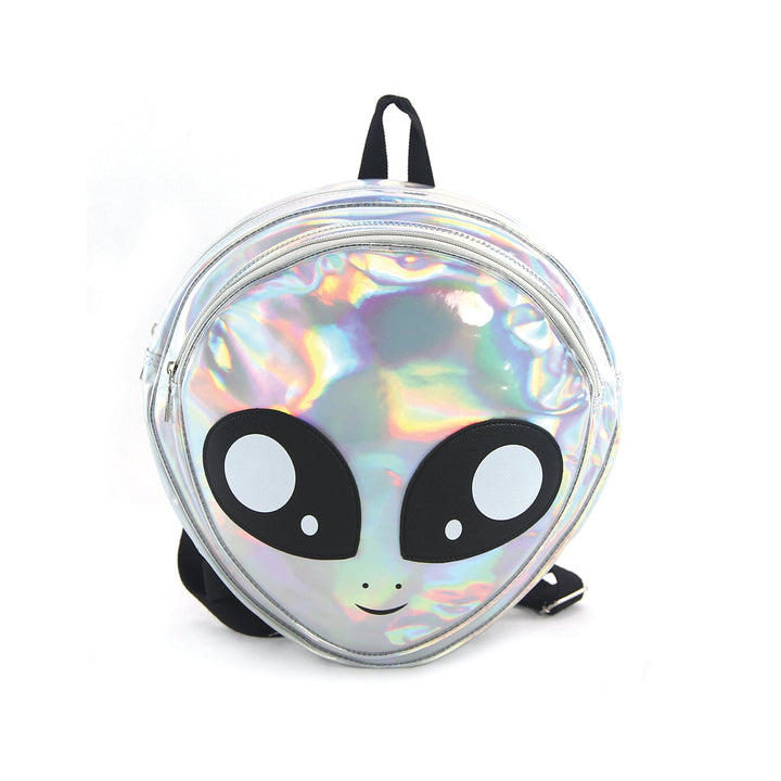 Green Alien Head Vinyl Backpack in Vinyl Material, silver color, front view