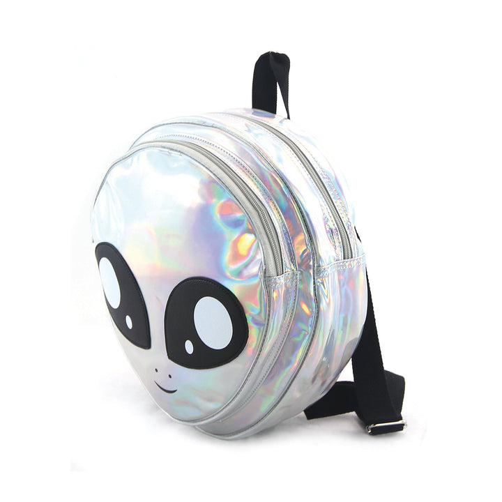 Green Alien Head Vinyl Backpack in Vinyl Material, silver color, side view