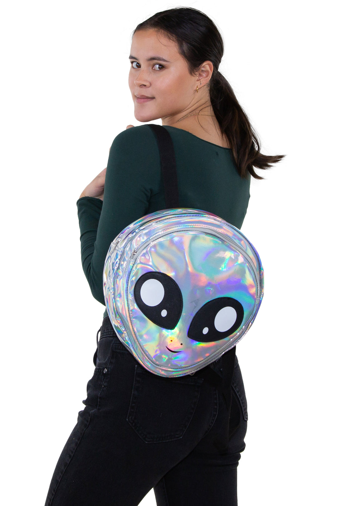 Green Alien Head Vinyl Backpack in Vinyl Material, silver color, backpack style on model