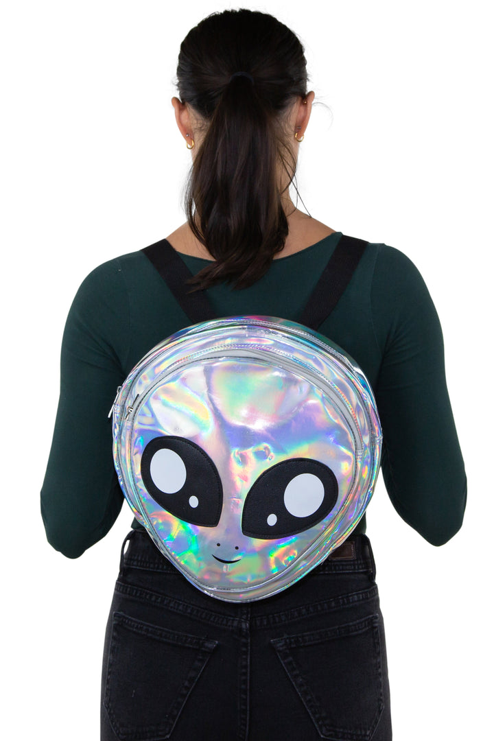 Green Alien Head Vinyl Backpack in Vinyl Material, silver color, backpack style on model