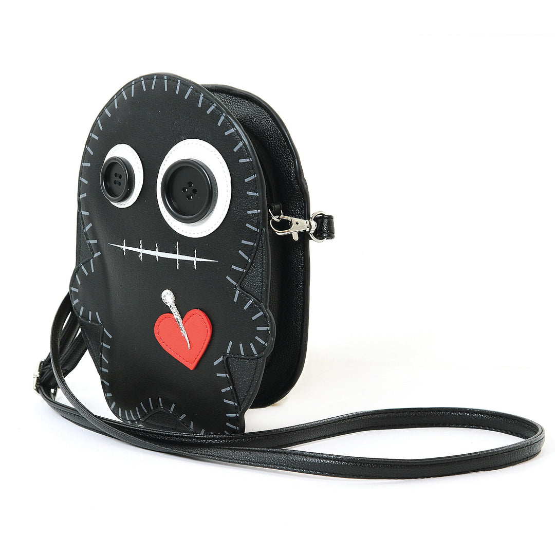 Stitched Voodoo Doll Shoulder Crossbody Bag in Vinyl Material, black color, side view