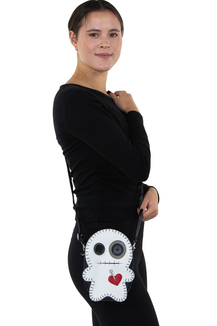 Stitched Voodoo Doll Shoulder Crossbody Bag in Vinyl Material, shoulder bag style on model