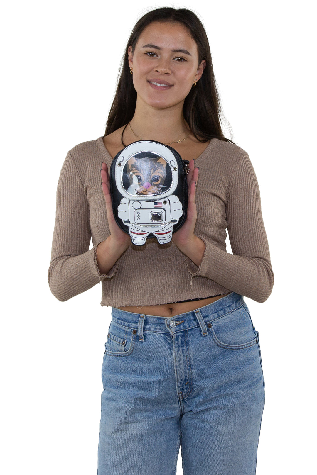 Astronaut Cat Shoulder Crossbody Bag in Vinyl Material, front view, handheld by model