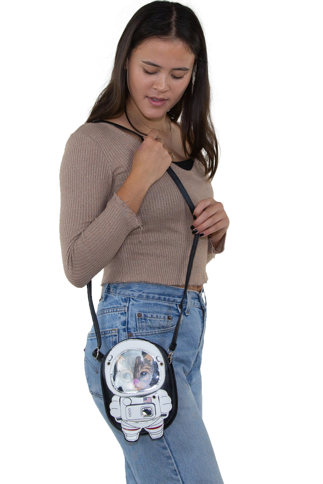 Astronaut Cat Shoulder Crossbody Bag in Vinyl Material, shoulder bag style on model