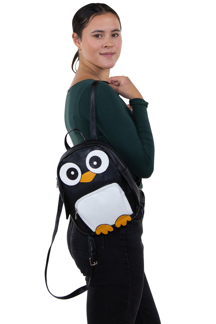 Mini Penguin Backpack in Vinyl Material, backpack style on model