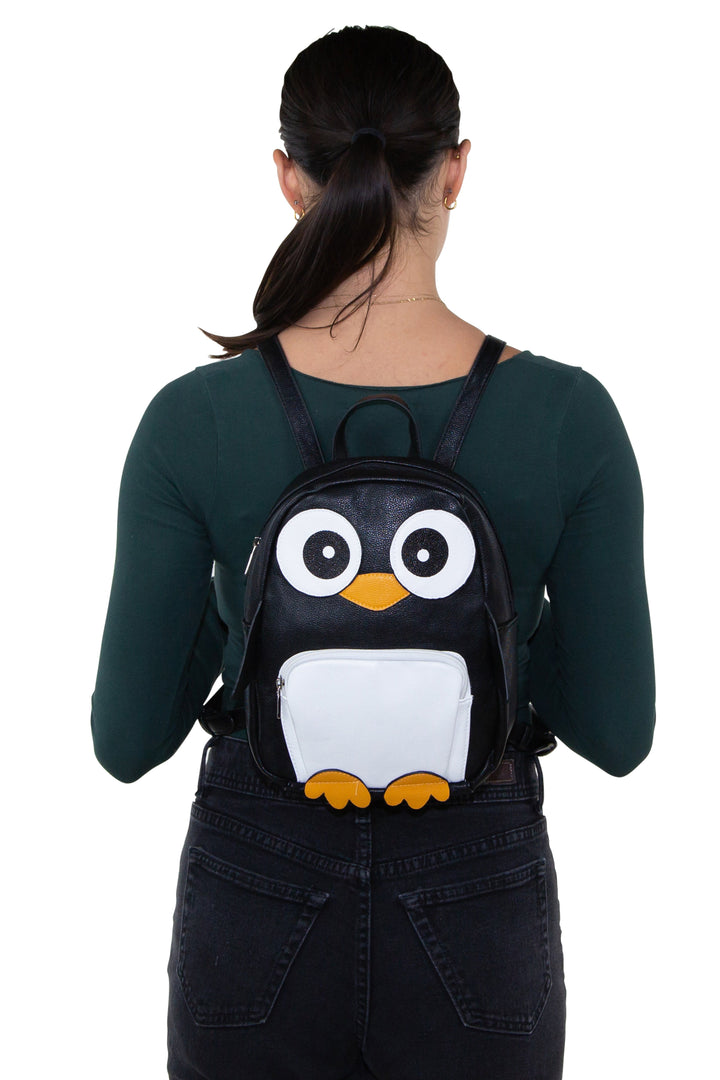 Mini Penguin Backpack in Vinyl Material, backpack style on model