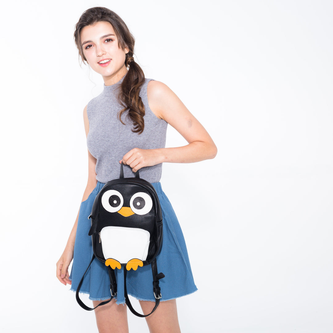 Mini Penguin Backpack in Vinyl Material on model front view