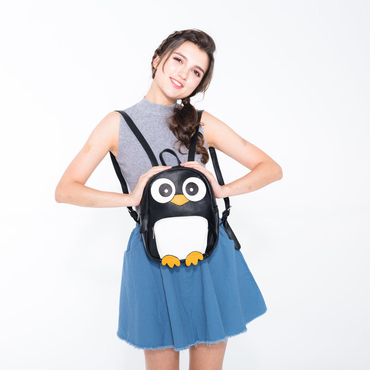 Mini Penguin Backpack in Vinyl Material on model front view