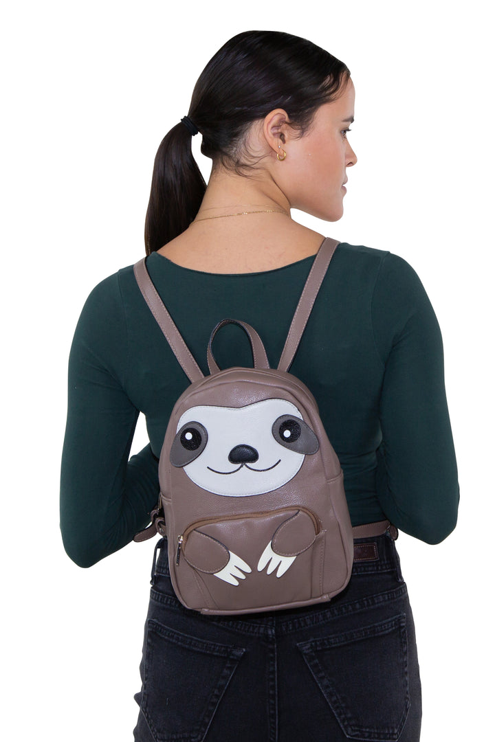 Sleepyville Critters - Mini Sloth Backpack in Vinyl Material, backpack style on model