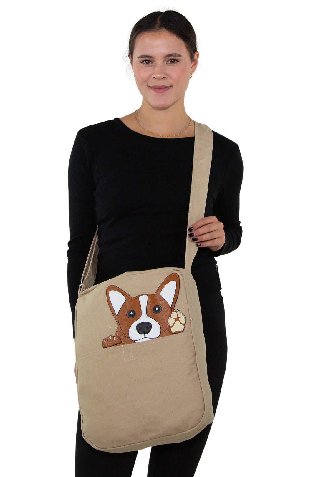 Peeking Corgi Messenger in Canvas Material, crossbody style on model