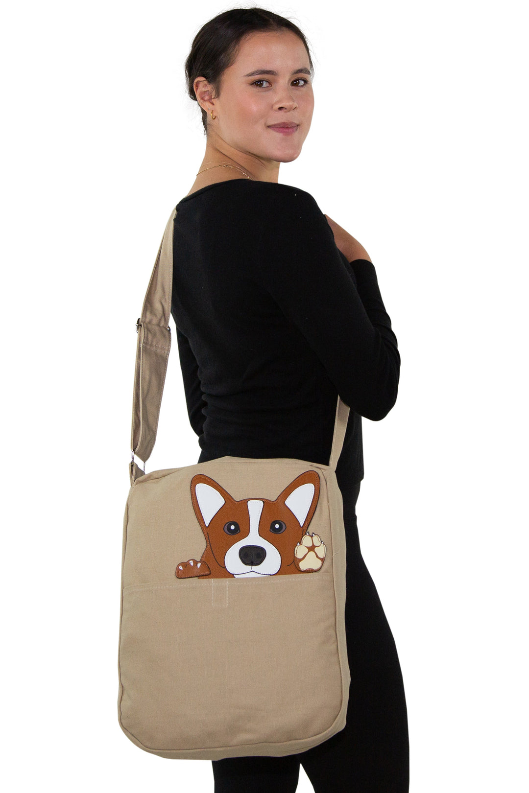 Peeking Corgi Messenger in Canvas Material, shoulder bag style on model