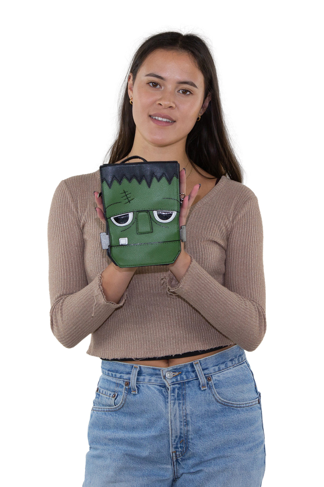 Sleepyville Critters - Frankenstein Crossbody Bag in Vinyl, handheld by model