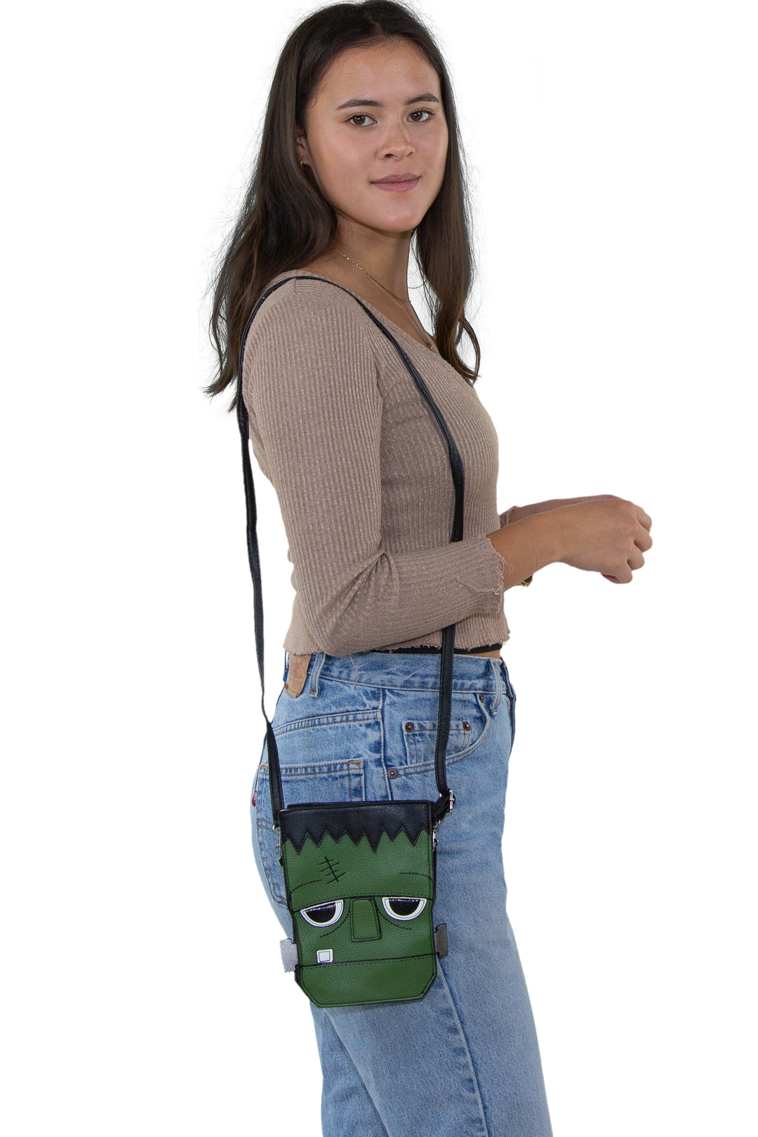 Sleepyville Critters - Frankenstein Crossbody Bag in Vinyl, shoulder bag style on model