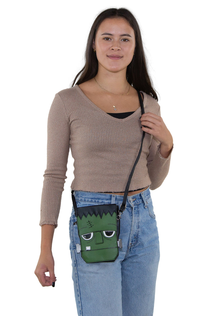 Sleepyville Critters - Frankenstein Crossbody Bag in Vinyl, crossbody style on model