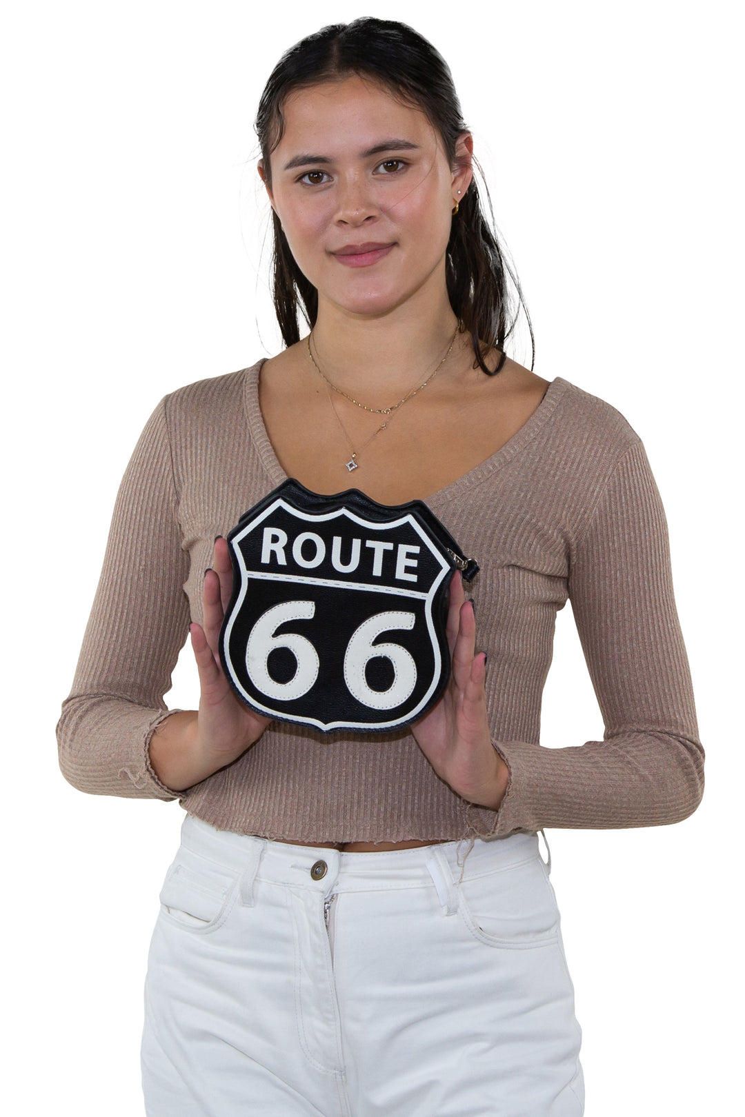 Route 66 Cross Body Bag in Vinyl Material, front view, handheld by model