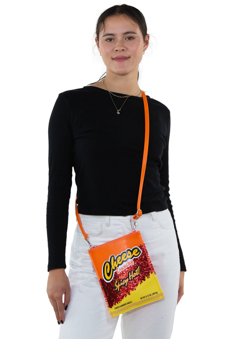 Cheese Crunch Crossbody Bag in Vinyl, crossbody style on model