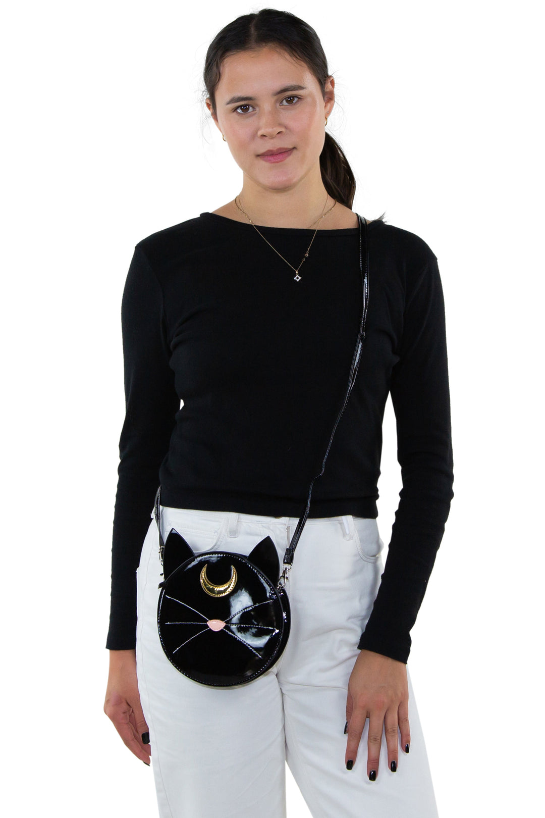 Mystical Black Cat Face Crossbody Bag in Vinyl, crossbody style on model