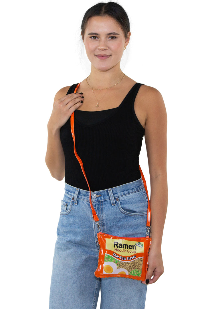 Ramen Instant Noodle Soup Crossbody Bag in Vinyl, crossbody style on model