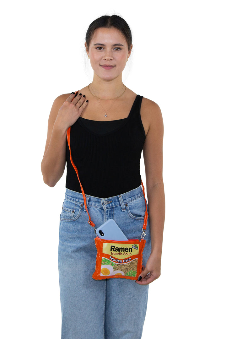 Ramen Instant Noodle Soup Crossbody Bag in Vinyl, crossbody style on model