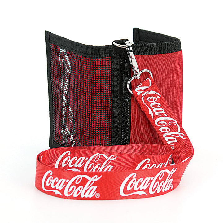 Coca-Cola mesh wallet w/ Strap, front and side view