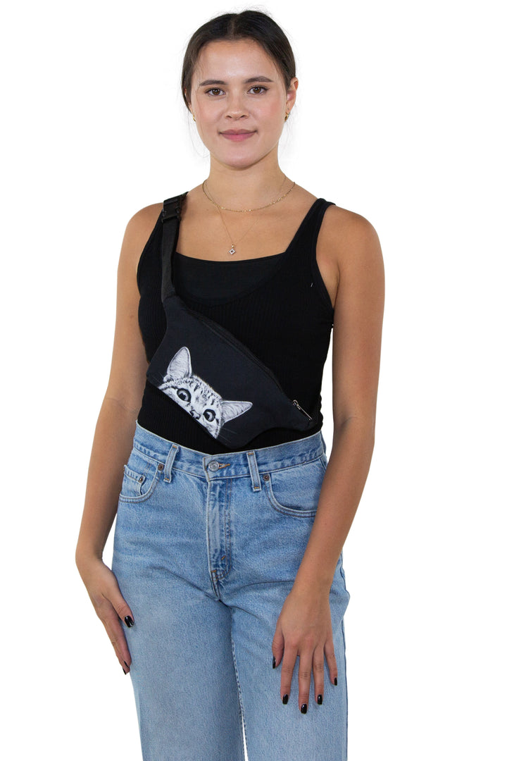 Peeking Cat Fanny in Polyester Material, sling style on model